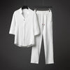 White textured two-piece men's meditation outfit with half-sleeve top and long pants