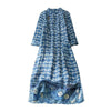 Blue Floral Print Cotton Linen Midi Dress with Pockets