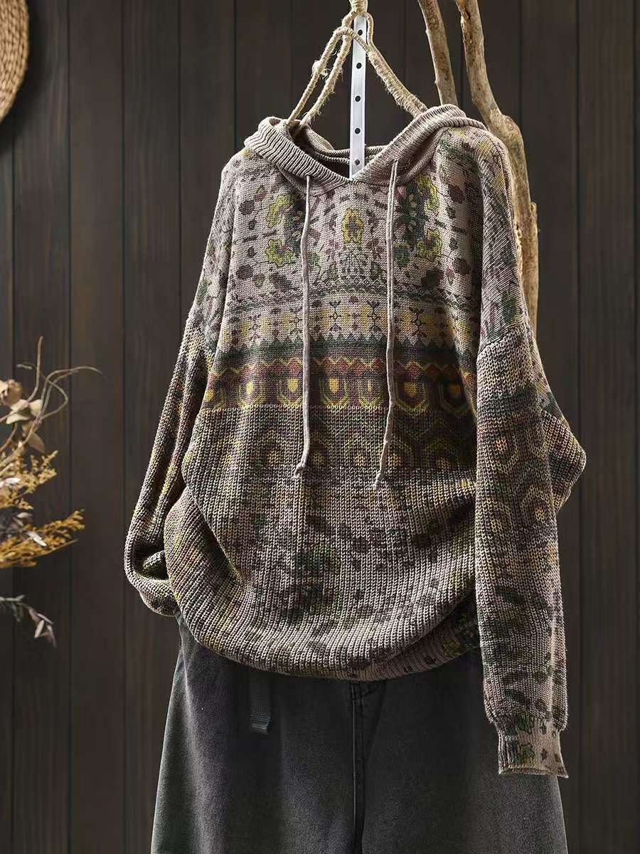 Women's Cotton Knit Hoodie, Retro Geometric Print Pullover