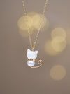 Cat Pendant Necklace Pearl Hetian Jade Shell Gold Tone
