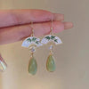 Fan Pattern Luck Drop Earrings with Bamboo Leaf Design