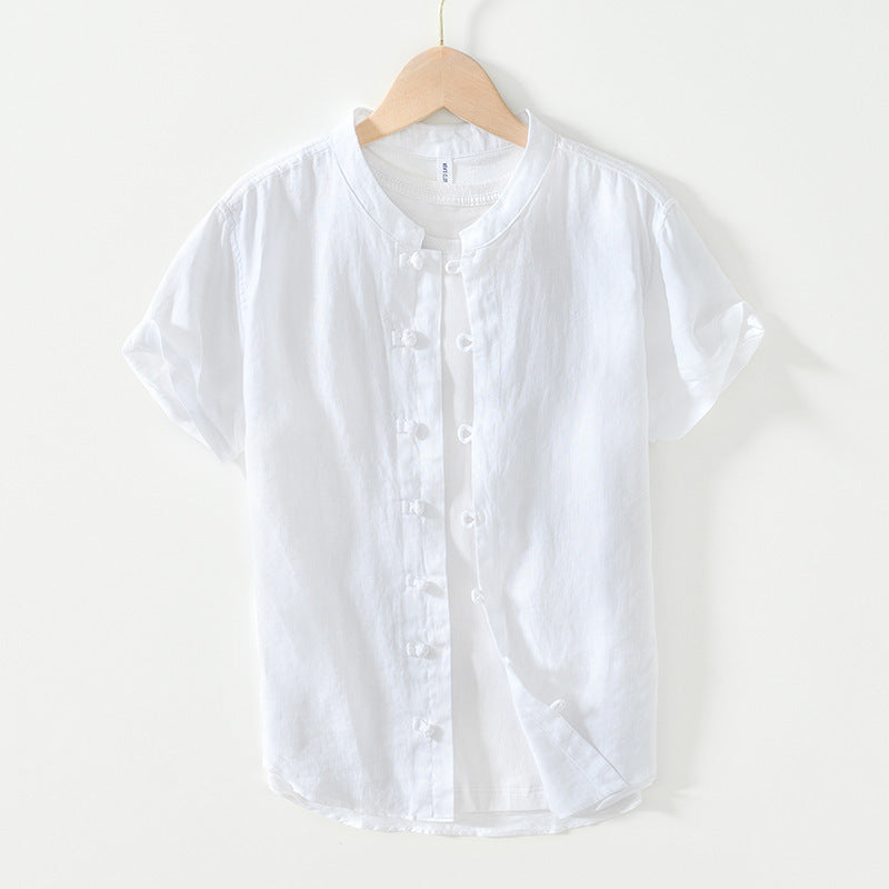 Men's Linen Short Sleeve Shirt with Stand Collar and Frog Buttons