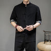 Men's Linen Tang Suit Shirt with Frog Buttons and Crane Print