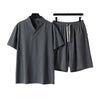 Men's Cotton Linen T-Shirt and Shorts Set V-Neck Short Sleeve