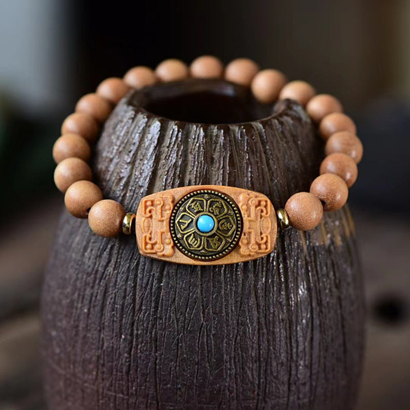 Rotating Wood Bead Bracelet with Six True Words Charm