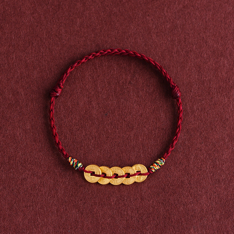Five Copper Coins Braided String Protection Bracelet Anklet
