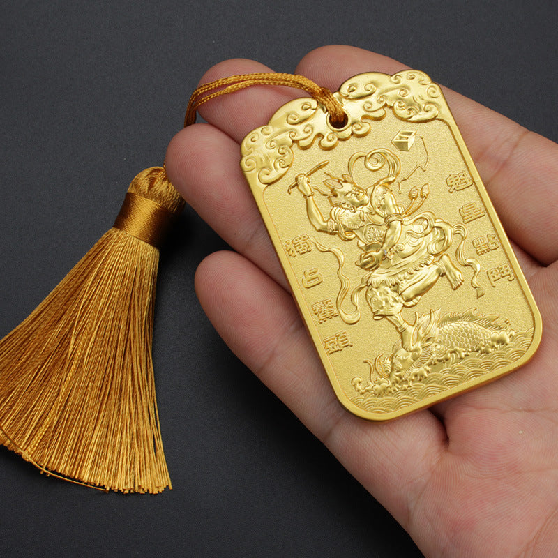 Kui Xing and Wenchang Car Hanging Ornament, Gold-Tone Alloy Charm