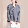 Embroidered Flowers Grass Frog-Button Long Sleeve Cotton Women's Shirt