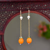 Long Drop Earrings with Floral Charm and Faux Pearl