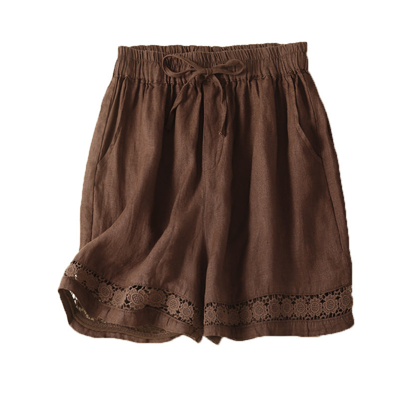 Brown cotton linen shorts with lace trim at the hem