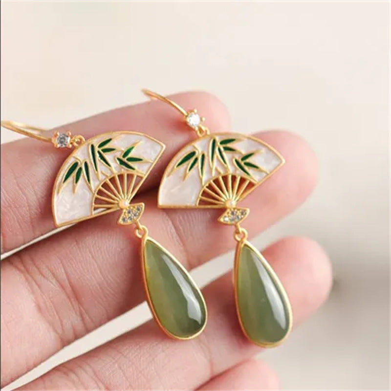 Fan Pattern Luck Drop Earrings with Bamboo Leaf Design