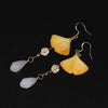 Handmade Ginkgo Leaf Dangle Earrings, Yellow Velvet Flower Design