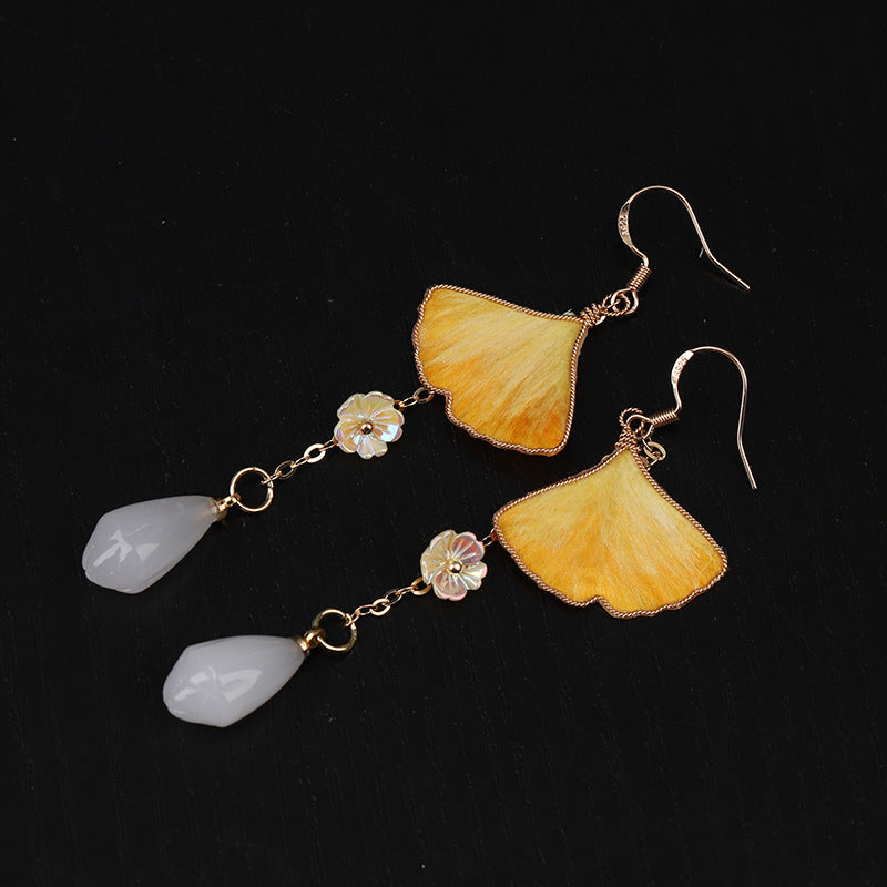 Handmade Ginkgo Leaf Dangle Earrings, Yellow Velvet Flower Design