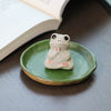 Ceramic Frog Tea Pet Figurines with Lotus Leaf Dish