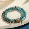 Blue Chalcedony Wood Double Wrap Bracelet with Good Fortune Charm