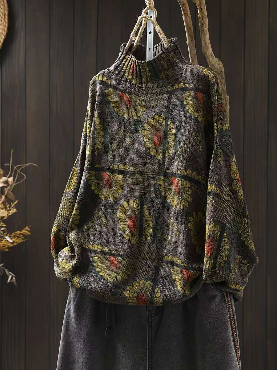 Women's Sunflower Pattern Mock Neck Cotton Sweater