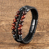 Men's Stone Bead Leather Bracelet, Stainless Steel Clasp