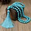 Turquoise Bead Necklace with Tassel, Handmade Knotted Rope Chain