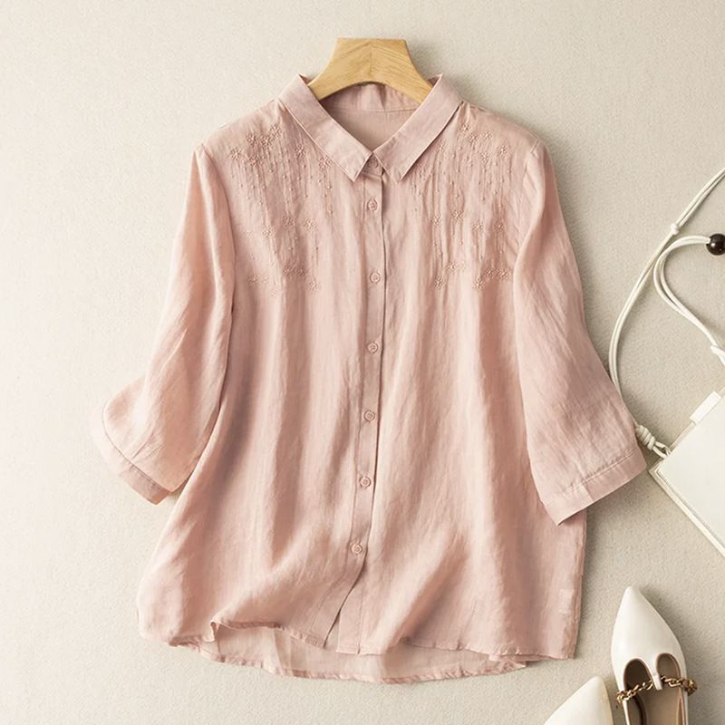 Women's Linen Cotton Shirt with Stand Collar