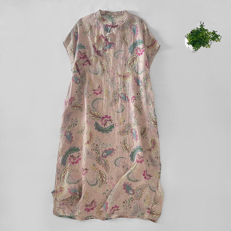 Vintage Paisley Floral Mandarin Collar Women's Sleeveless Long Dress
