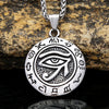 Round titanium steel pendant with the Eye of Horus symbol and ancient script border