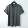 Men's Short Sleeve Linen Cotton Henley Shirt Solid Color