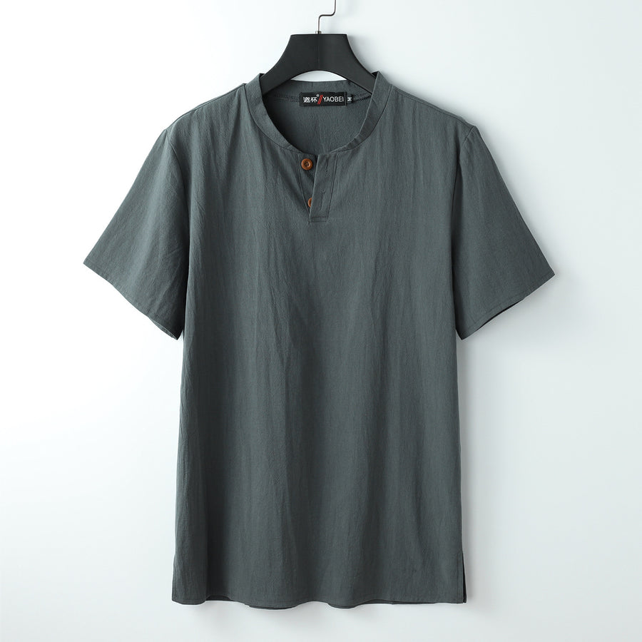 Men's Short Sleeve Linen Cotton Henley Shirt Solid Color