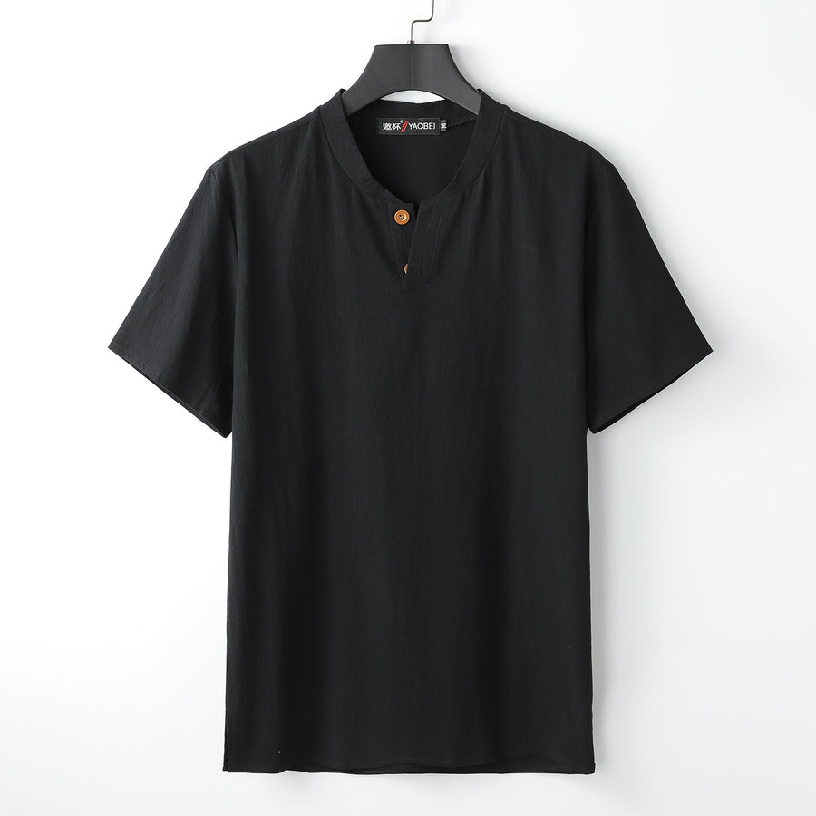 Men's Solid Color Short Sleeve Cotton Linen Blend Henley Shirt