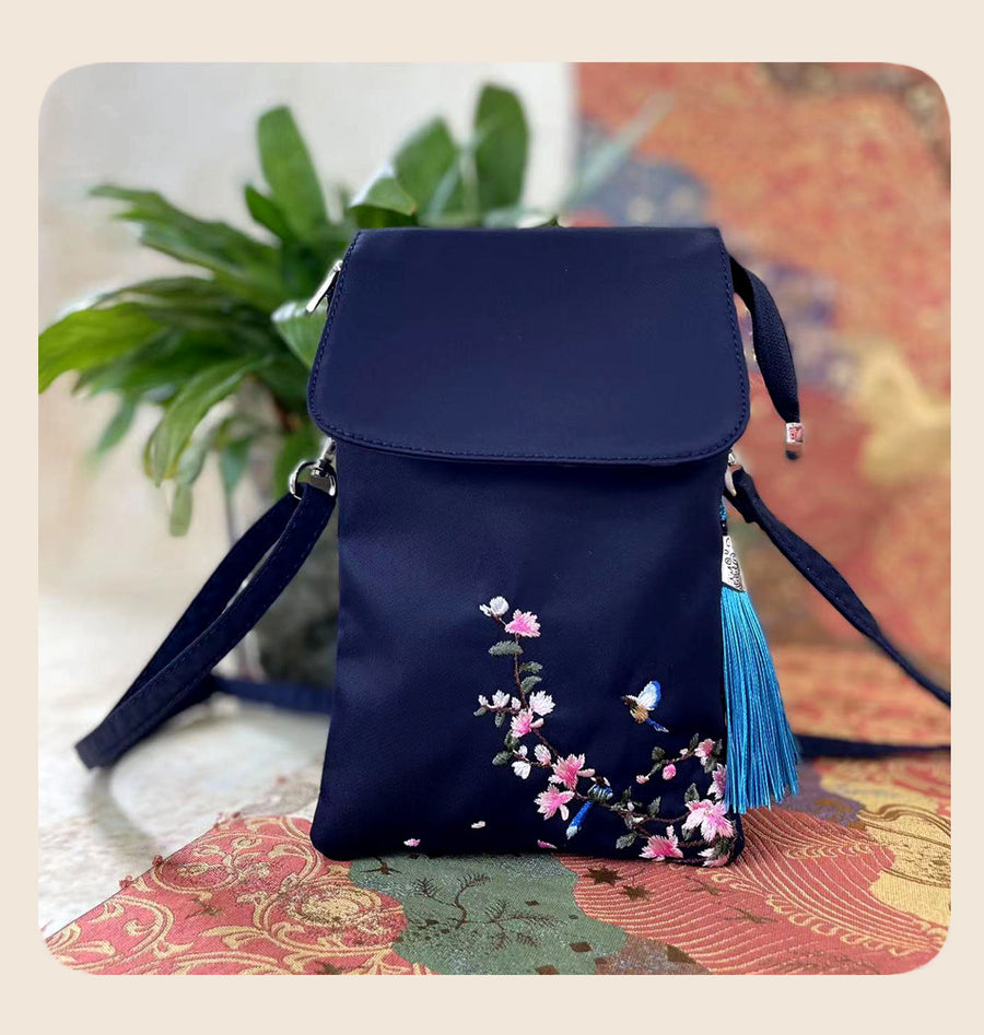 Embroidered Lotus Flower Crossbody Bag, Nylon Shoulder Cellphone Pouch