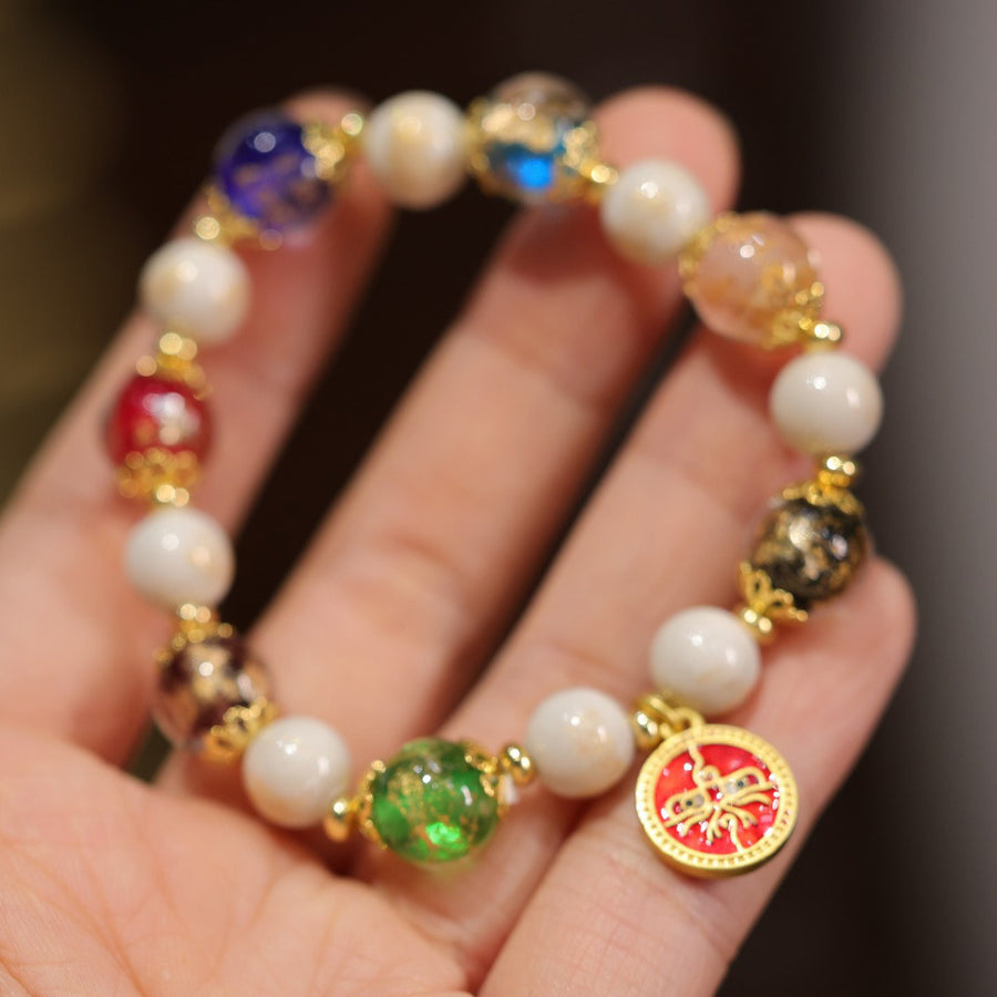 Five Wealth Deities Liuli Glass Charm Bracelet with Gold-tone Foil Beads