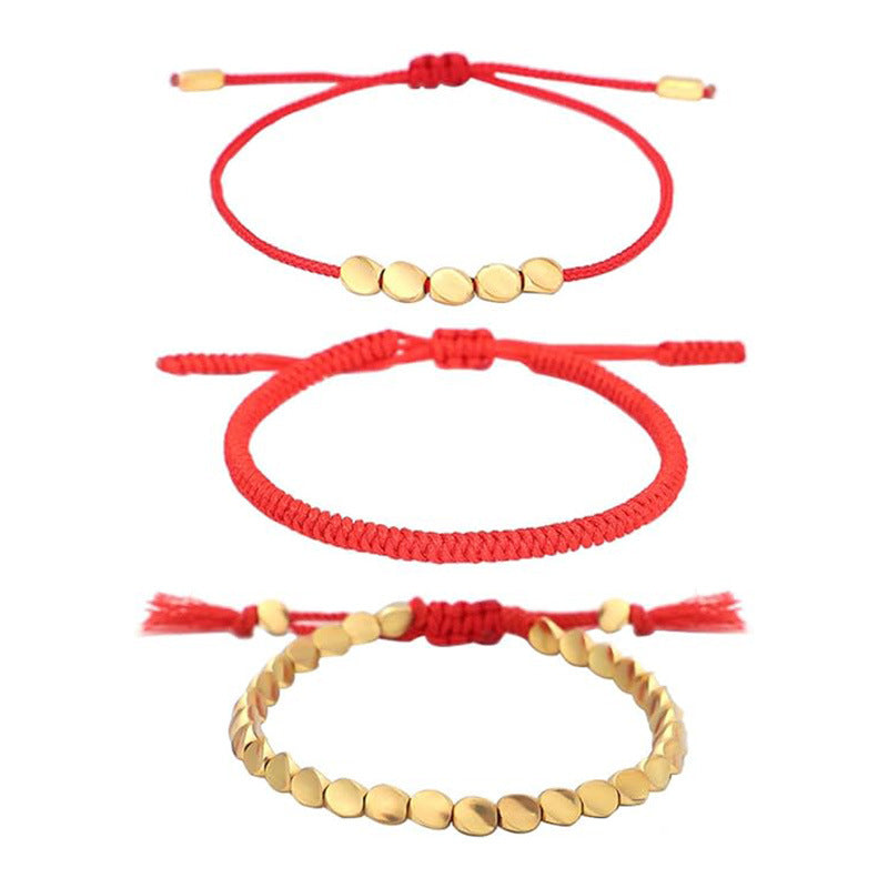 Copper Bead Braided Cord Bracelet, Geometric Adjustable Wristband