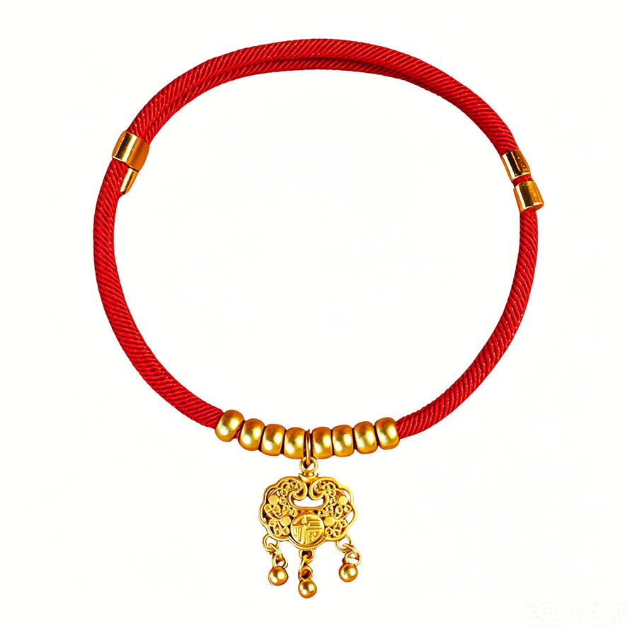 Red cord pet collar with gold-tone lock charm on red background
