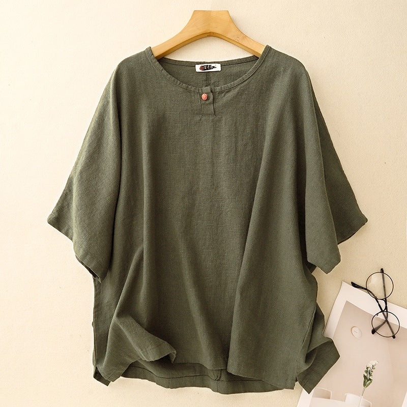 Women's Linen Blend Short Sleeve T-shirt, Loose Fit Round Neck Top
