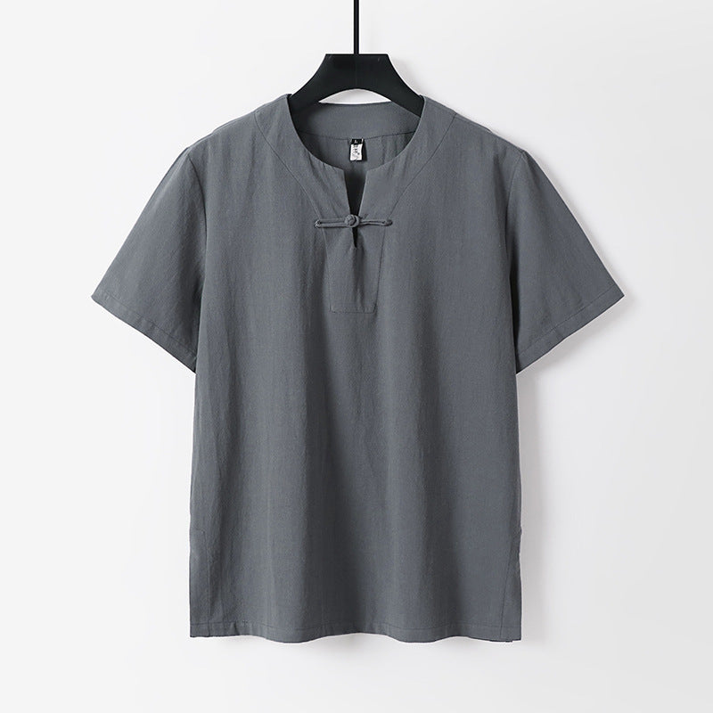 Men's Linen Blend V-Neck T-Shirt with Frog Button
