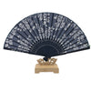 Blue Floral Silk Handheld Folding Fan with White Patterns