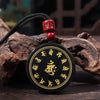 Black Obsidian Pendant Necklace with Buddhist Mantras and Symbols