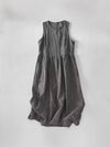 Cotton Linen Plaid Midi Dress Sleeveless Casual