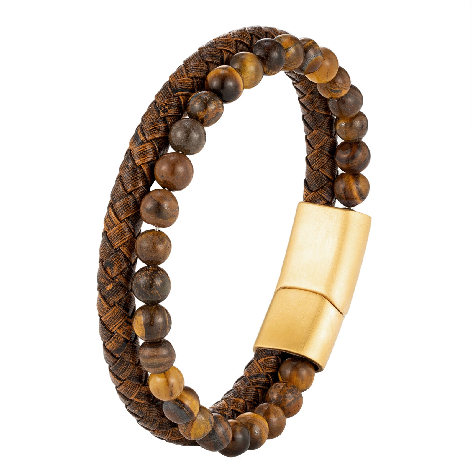Close up of a multi-layer bracelet with tiger eye beads and brown braided leather