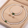 Faux Pearl and Green Stone Jewelry Set with Necklace, Bracelet and Earrings