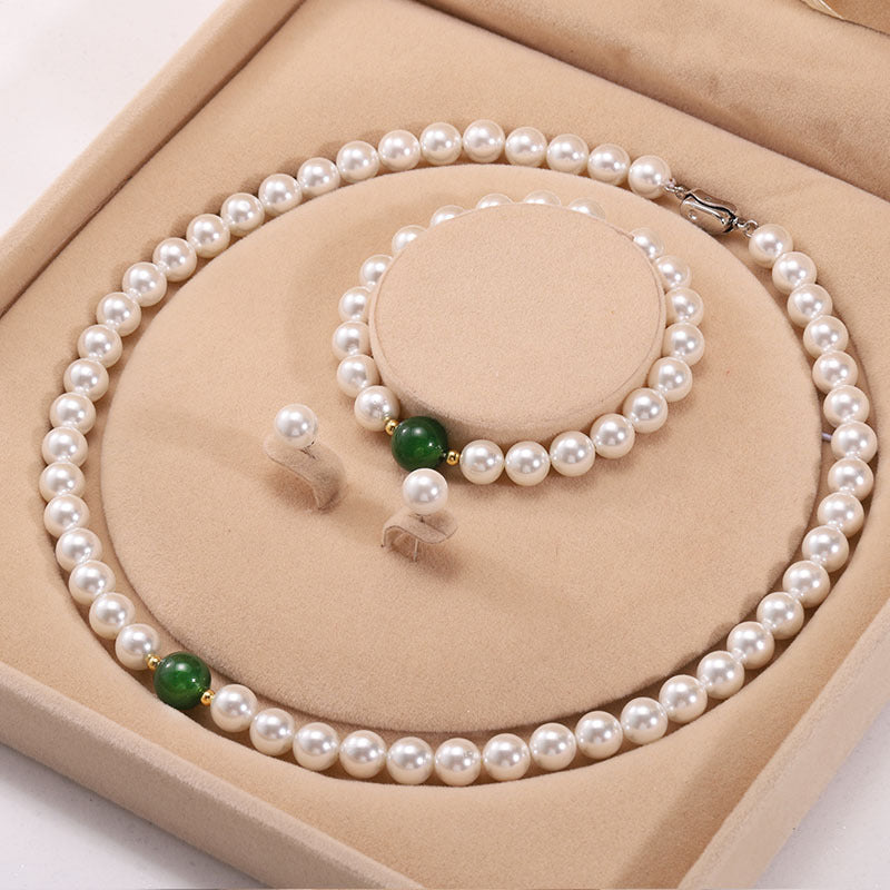 Faux Pearl and Green Stone Jewelry Set with Necklace, Bracelet and Earrings