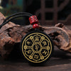 Black Obsidian Pendant Necklace with Buddhist Mantras and Symbols
