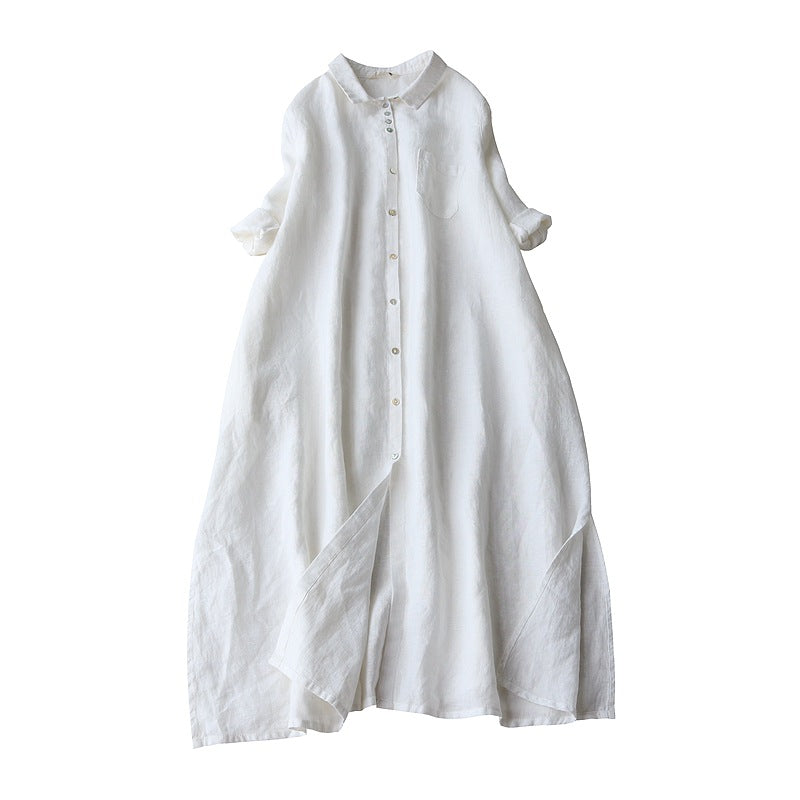 Linen Midi Dress with Pockets, Solid Color Button Down Shirt Dress