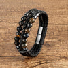 Men's Stone Bead Leather Bracelet, Stainless Steel Clasp