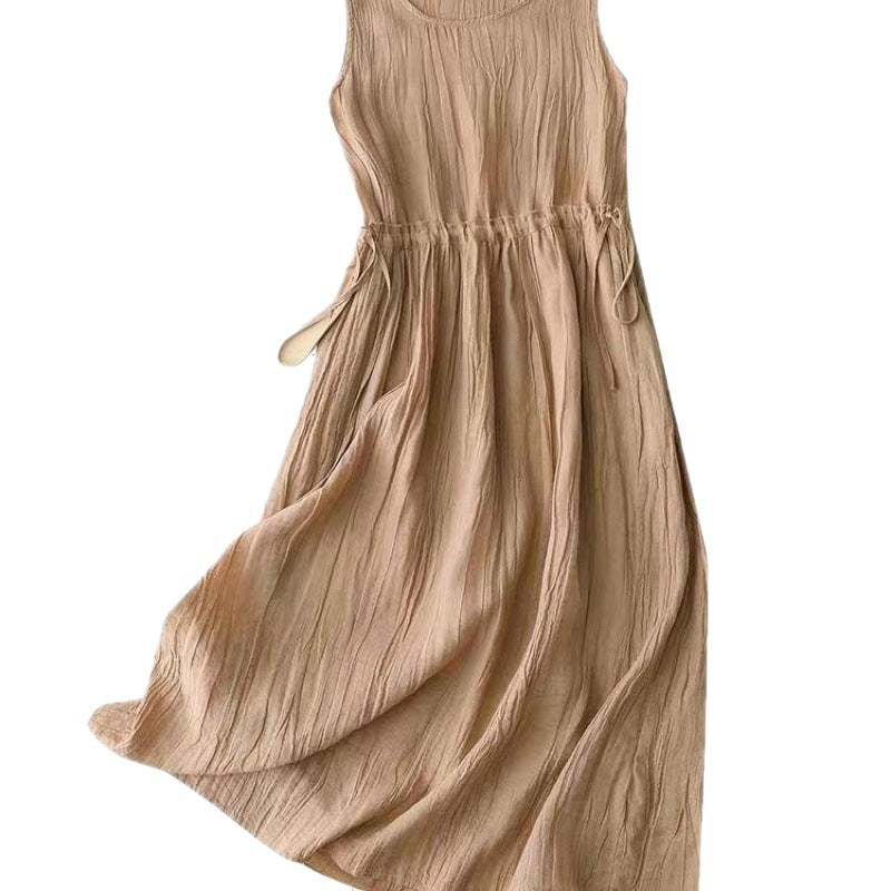 Beige sleeveless midi dress with drawstring waist detail