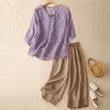 Summer Casual Flower Branches Embroidered Pattern V-Neck Half Sleeve Women's T-shirt