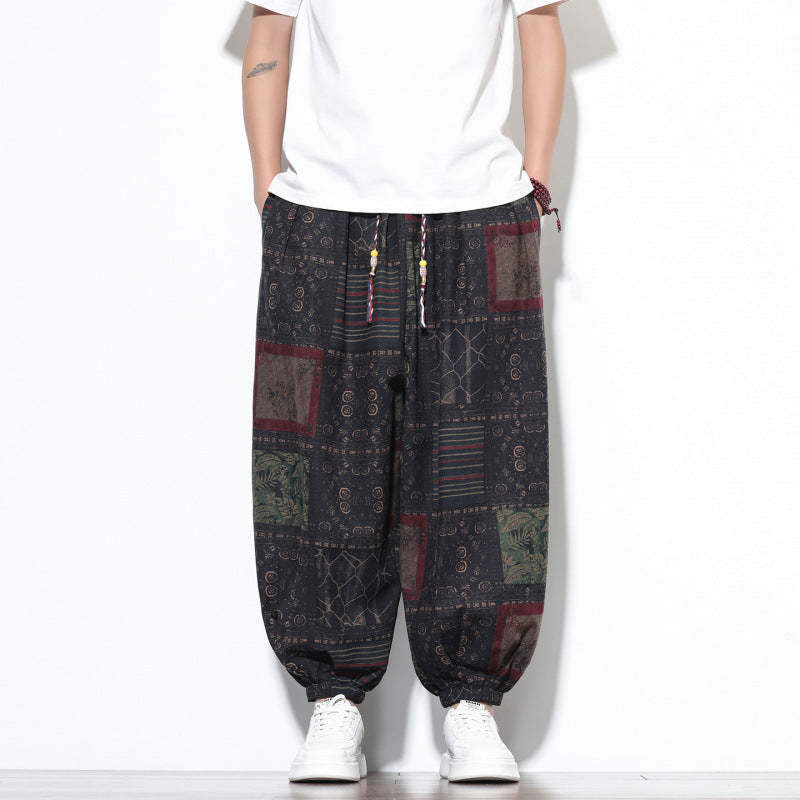 Men's Cotton Harem Pants Summer Boho Drawstring Geometric Cropped Trousers