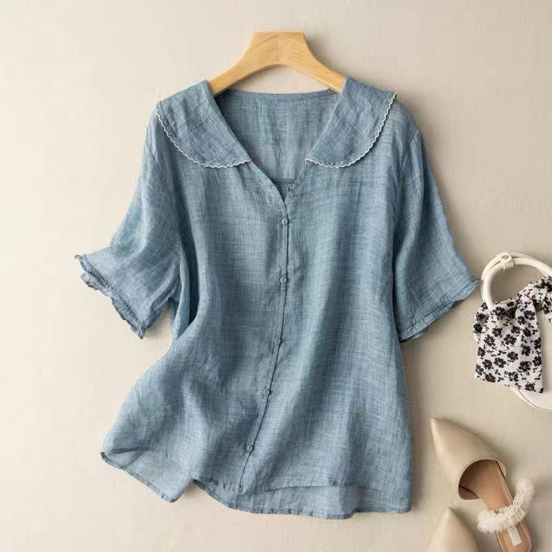 Women's Casual Linen Shirt Short Sleeve Middy Collar Button Top