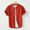 Men's Linen Short Sleeve Shirt with Stand Collar and Frog Buttons
