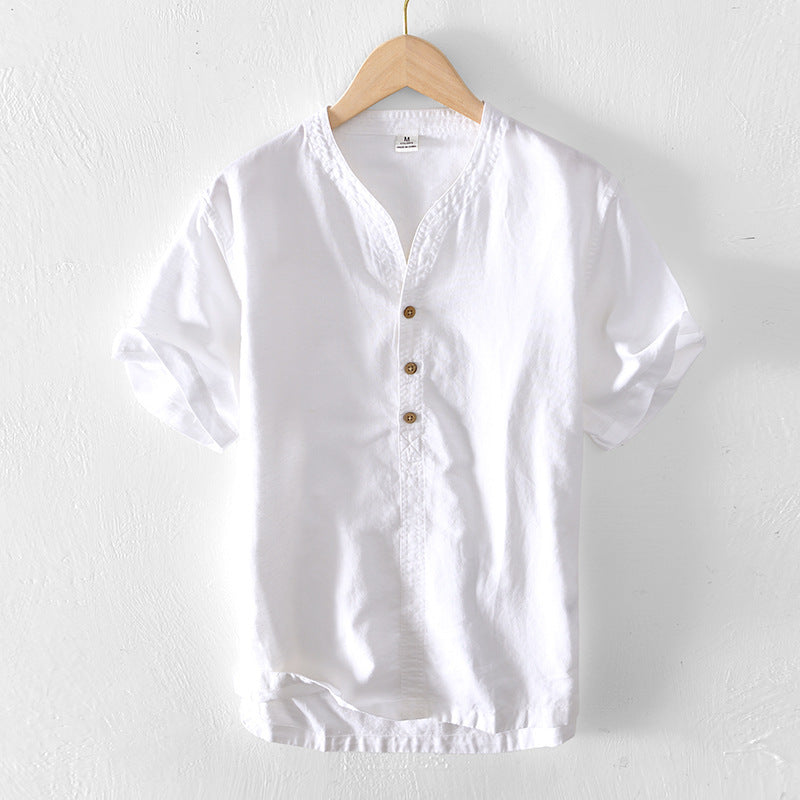 Men's Linen Cotton Short Sleeve Stand Collar Shirt