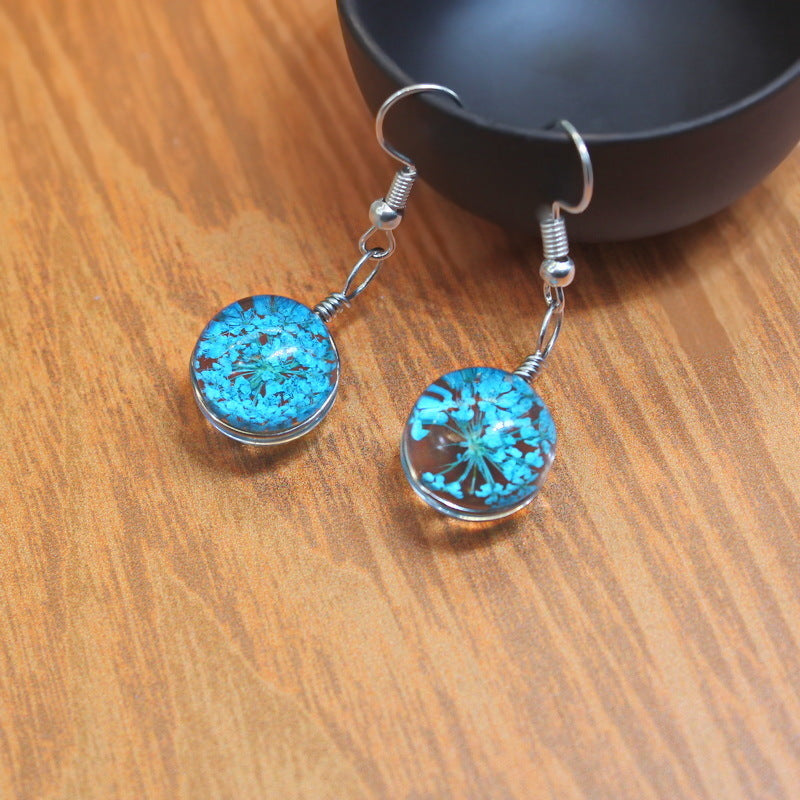 Dried Flower Glass Earrings, Handmade Floral Drop Jewelry